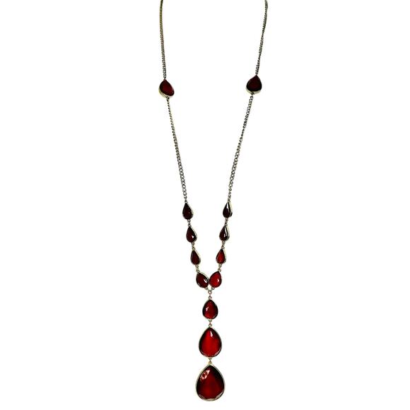 Scarlet Red Large Teardrops Y Drop Gold Tone Statement Necklace - Picture 1 of 3